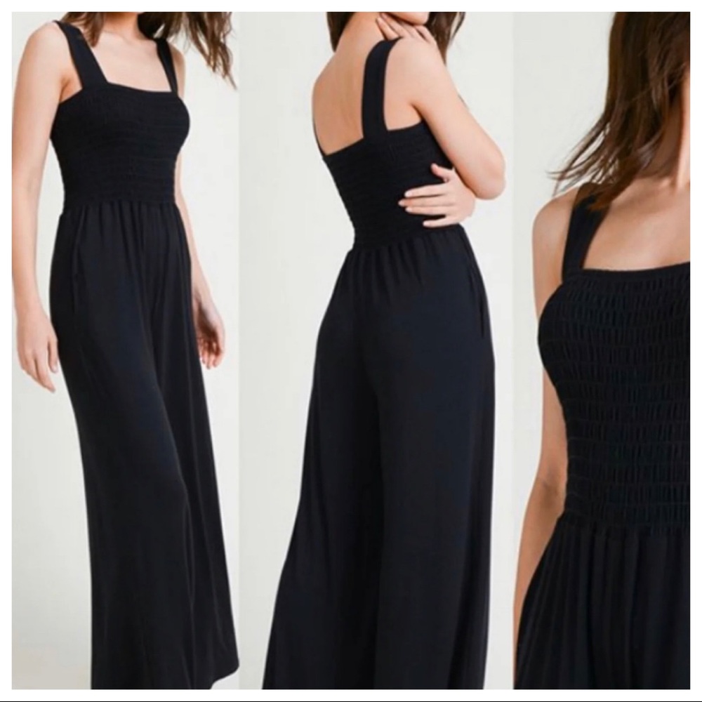 41 Mocha Boho Smocked Wide Leg Solid Knit Jumpsuit with Pocke… - Picture 7 of 7